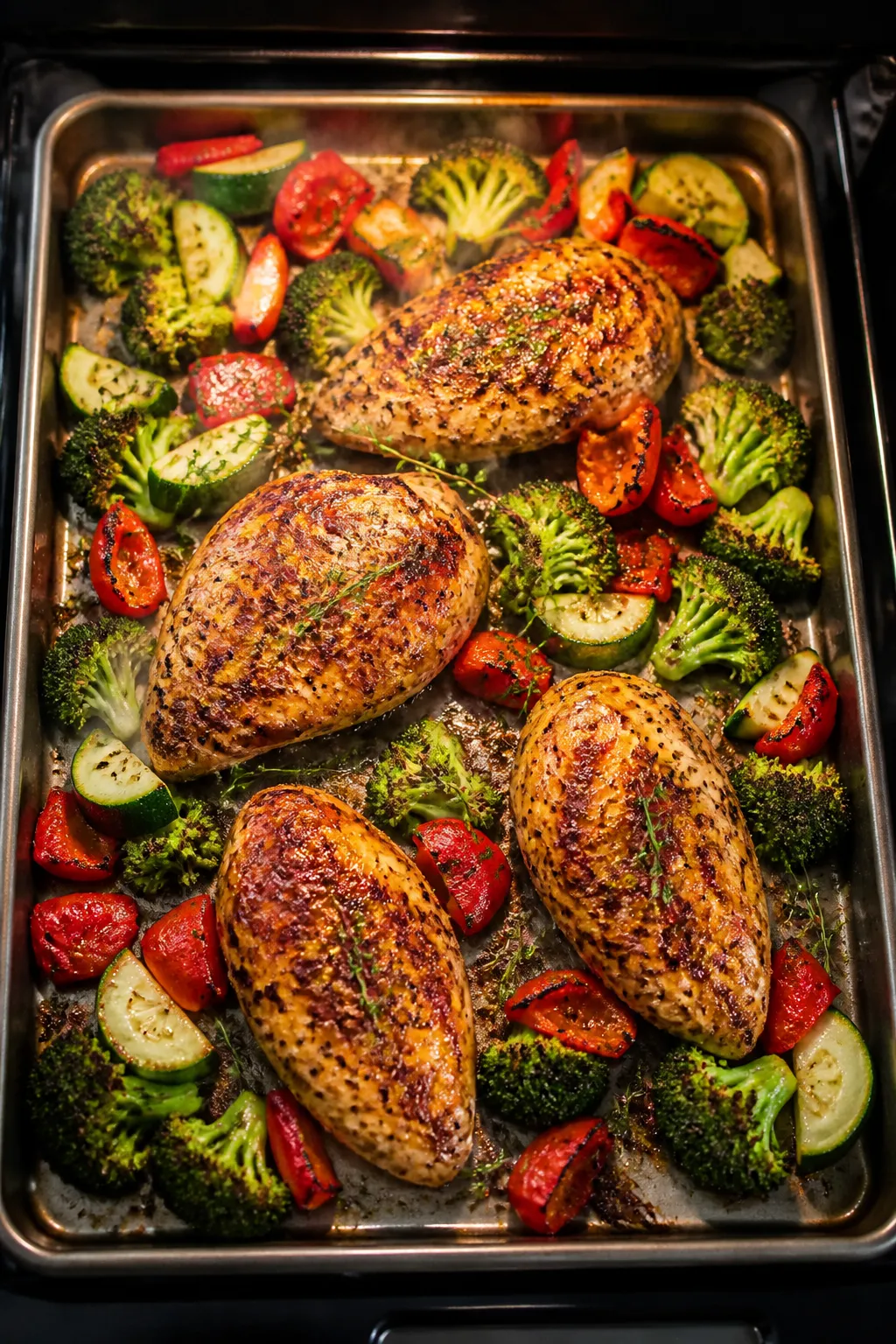 Cooking process: Overhead shot of a sheet pan in the oven at 425°F, marinated chicken breasts finis