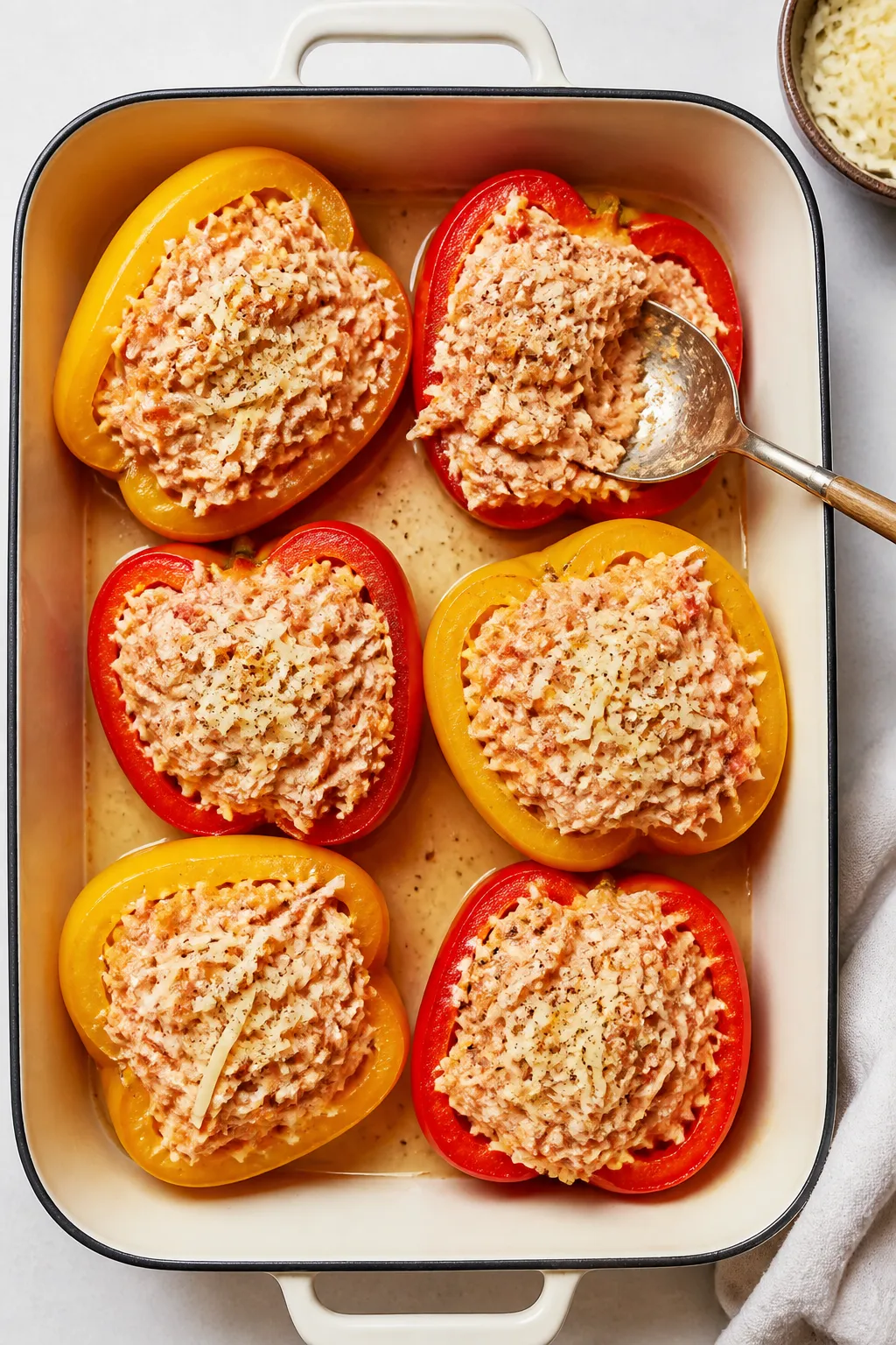 Cooking process: Overhead shot of pre-roasted bell peppers being stuffed and mounded with the creamy