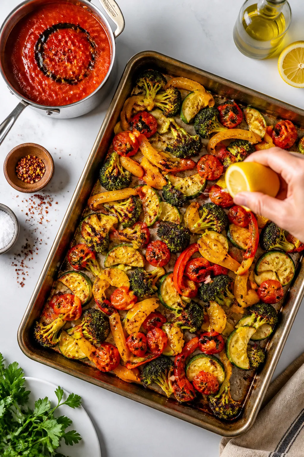Cooking process: Overhead shot of roasted vegetable medley being finished on a sheet pan—broccoli 
