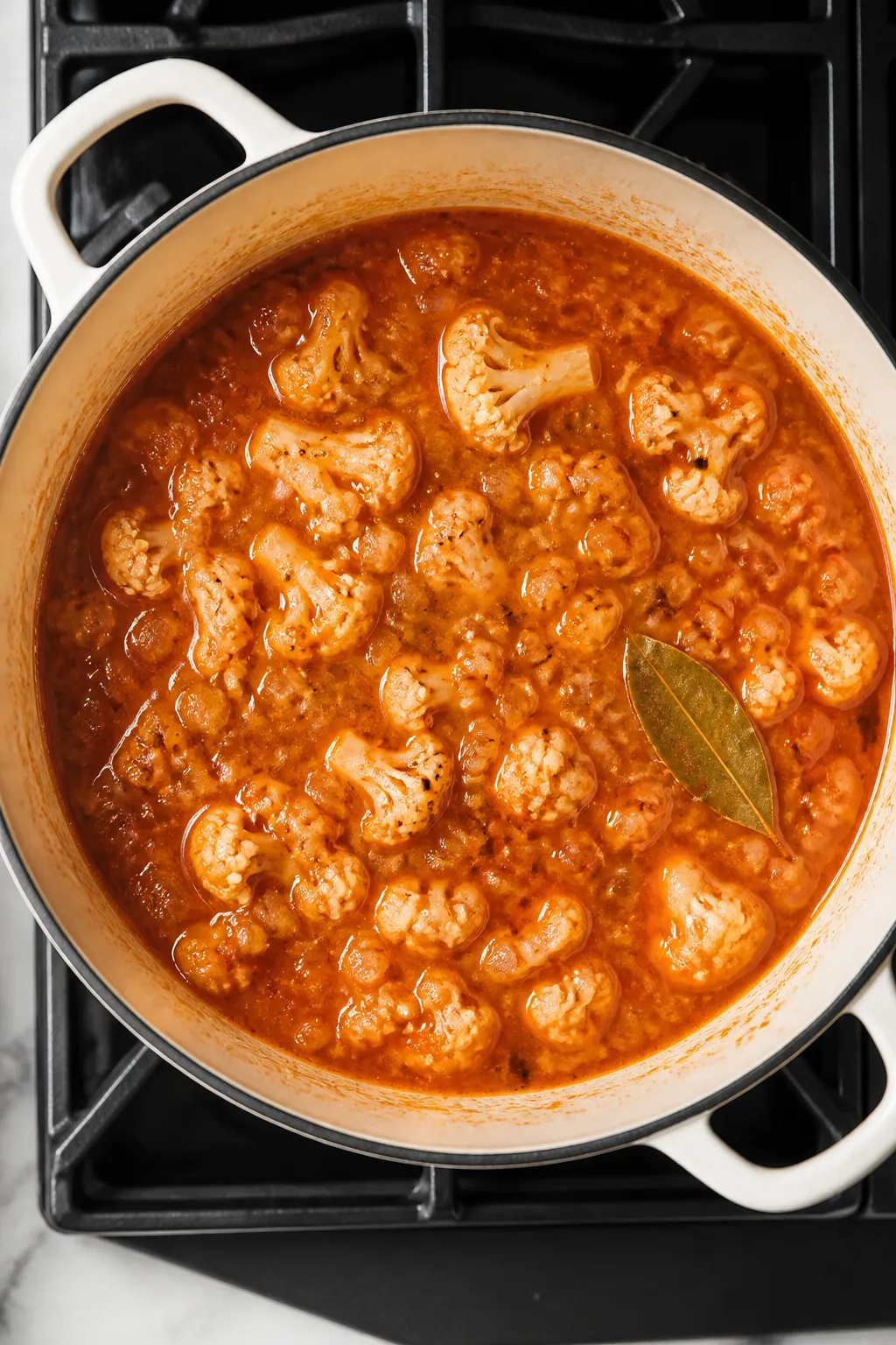 Cooking process: Overhead shot of the bisque base at a gentle simmer in a wide Dutch oven, showing t