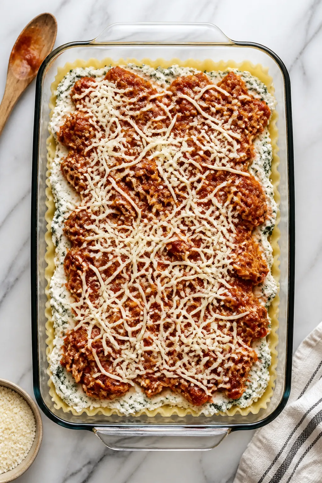 Cooking process: Overhead shot of the lasagna mid-assembly in a 9x13 baking dish—first full layer