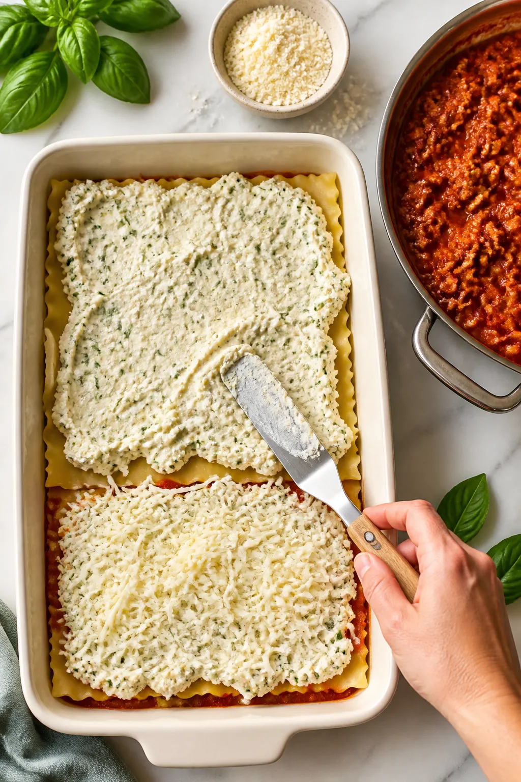 Cooking process: Overhead shot of the layering step mid-assembly—no-boil noodles laid over a thin 