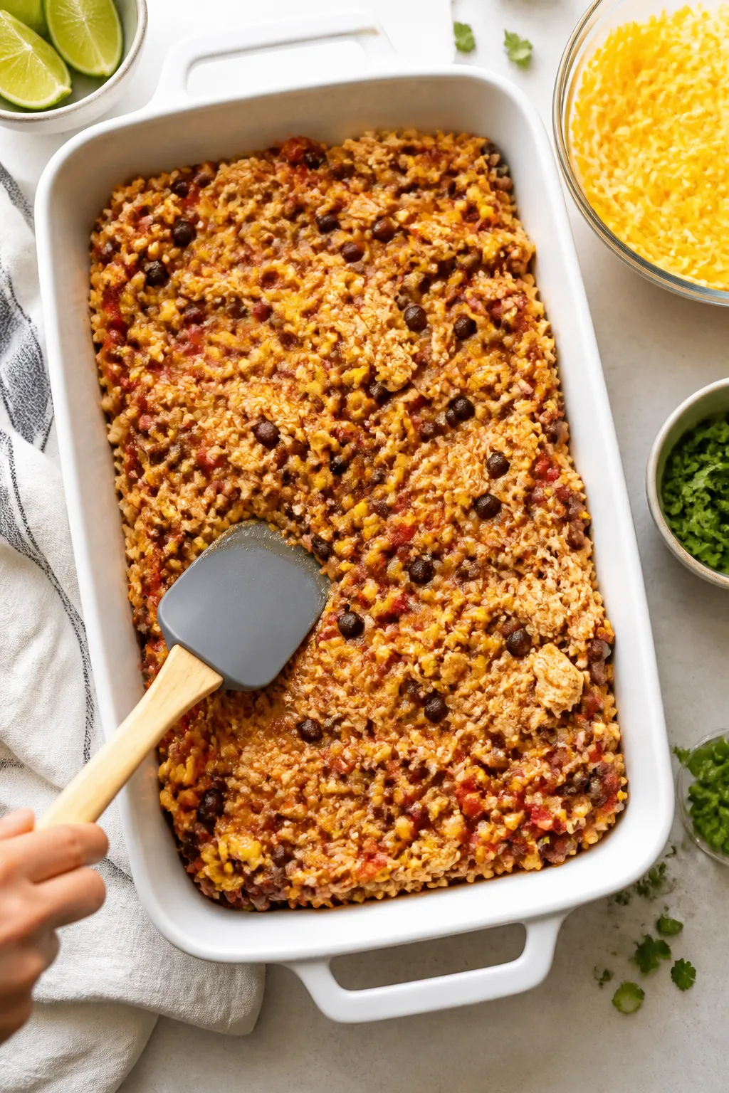 Cooking process: Overhead shot of the mixed casserole base being spread into a 9x13 baking dish with