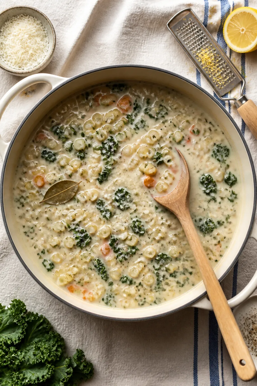 Cooking process: Overhead shot of the soup just after the Parmesan has been gradually stirred in—c