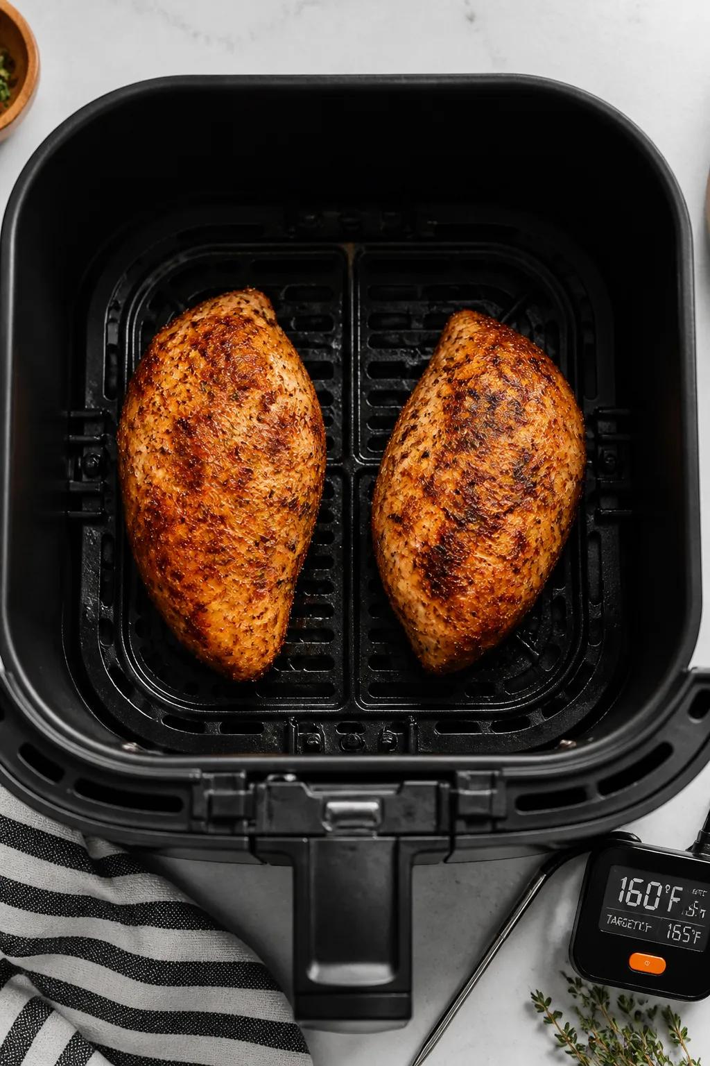 Cooking process: Overhead shot of two seasoned chicken breasts spaced apart in a preheated air fryer