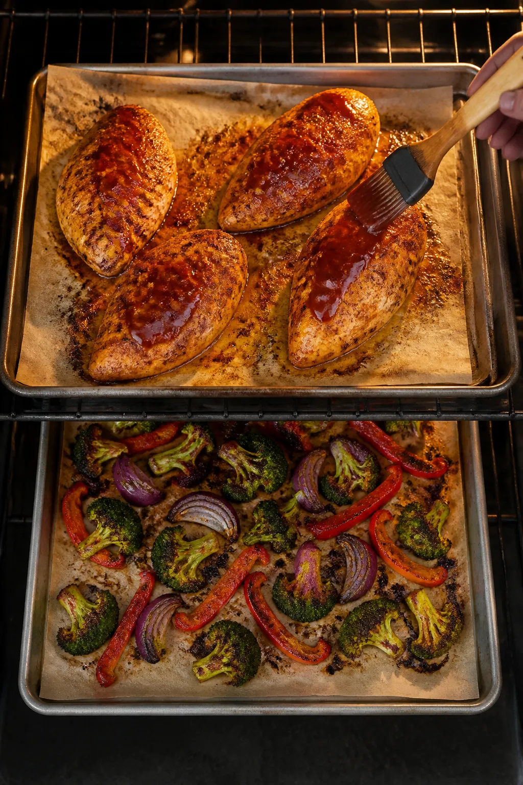 Cooking process: Overhead shot of two sheet pans in the oven halfway through cooking—one with spic