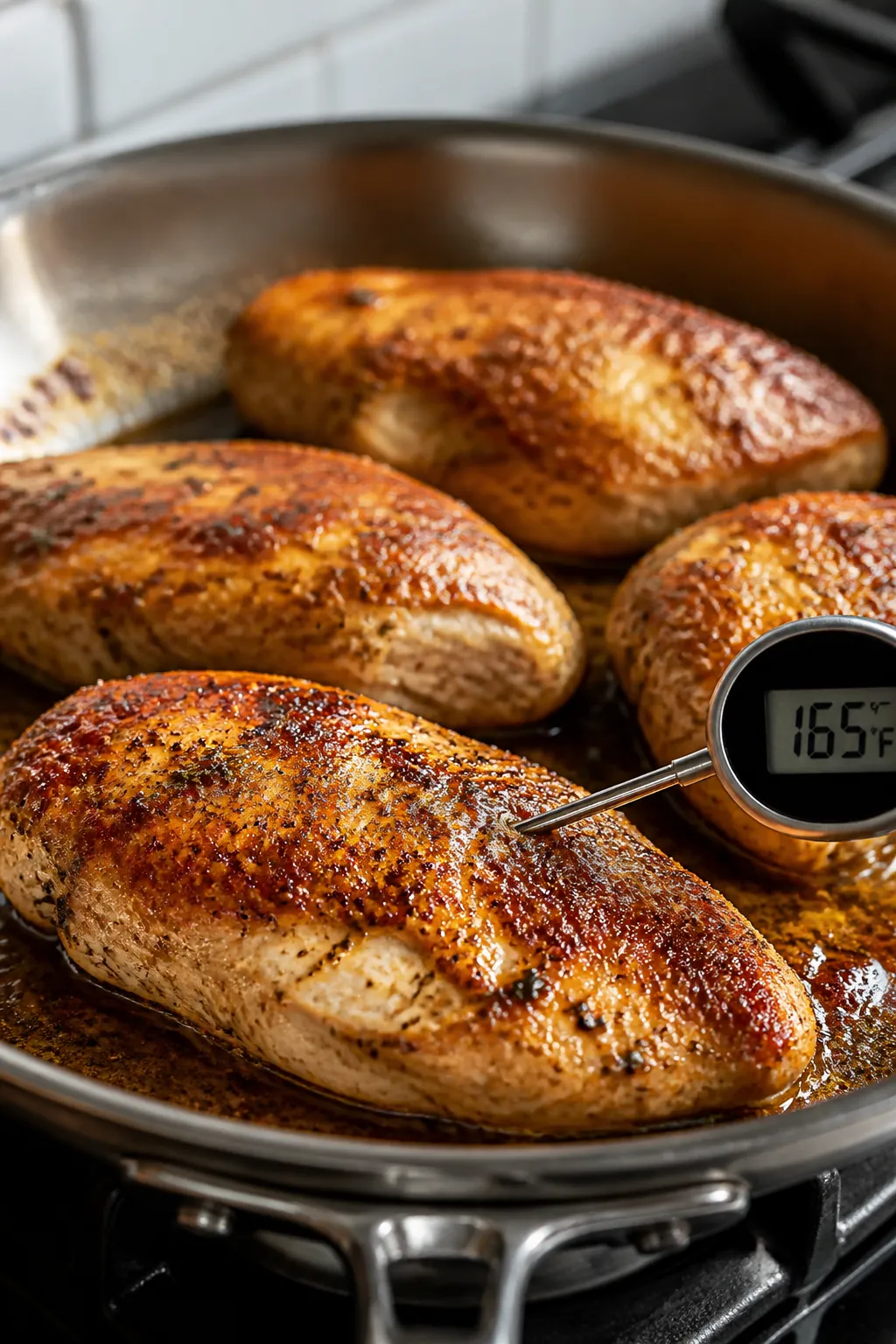 Cooking process – Pan-seared chicken breast: Close-up of golden, just-seared chicken breasts in a