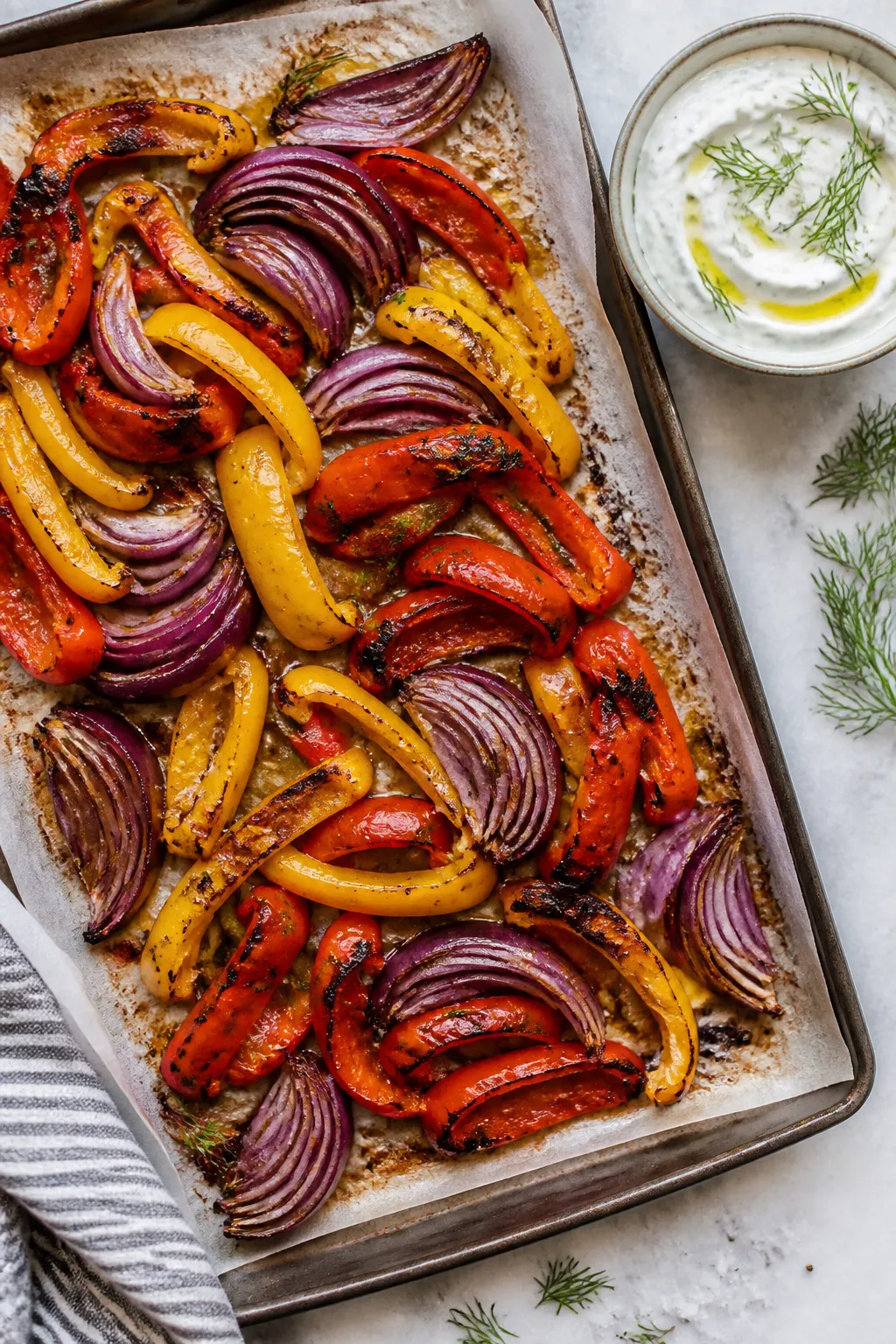 Cooking process: Roasted bell peppers and red onions coming out of the oven on a parchment-lined she