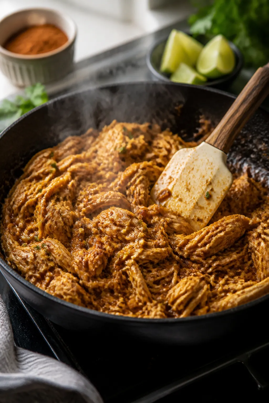 Cooking process â Rotisserie chicken being reheated and coated in taco seasoning in a skillet: jui