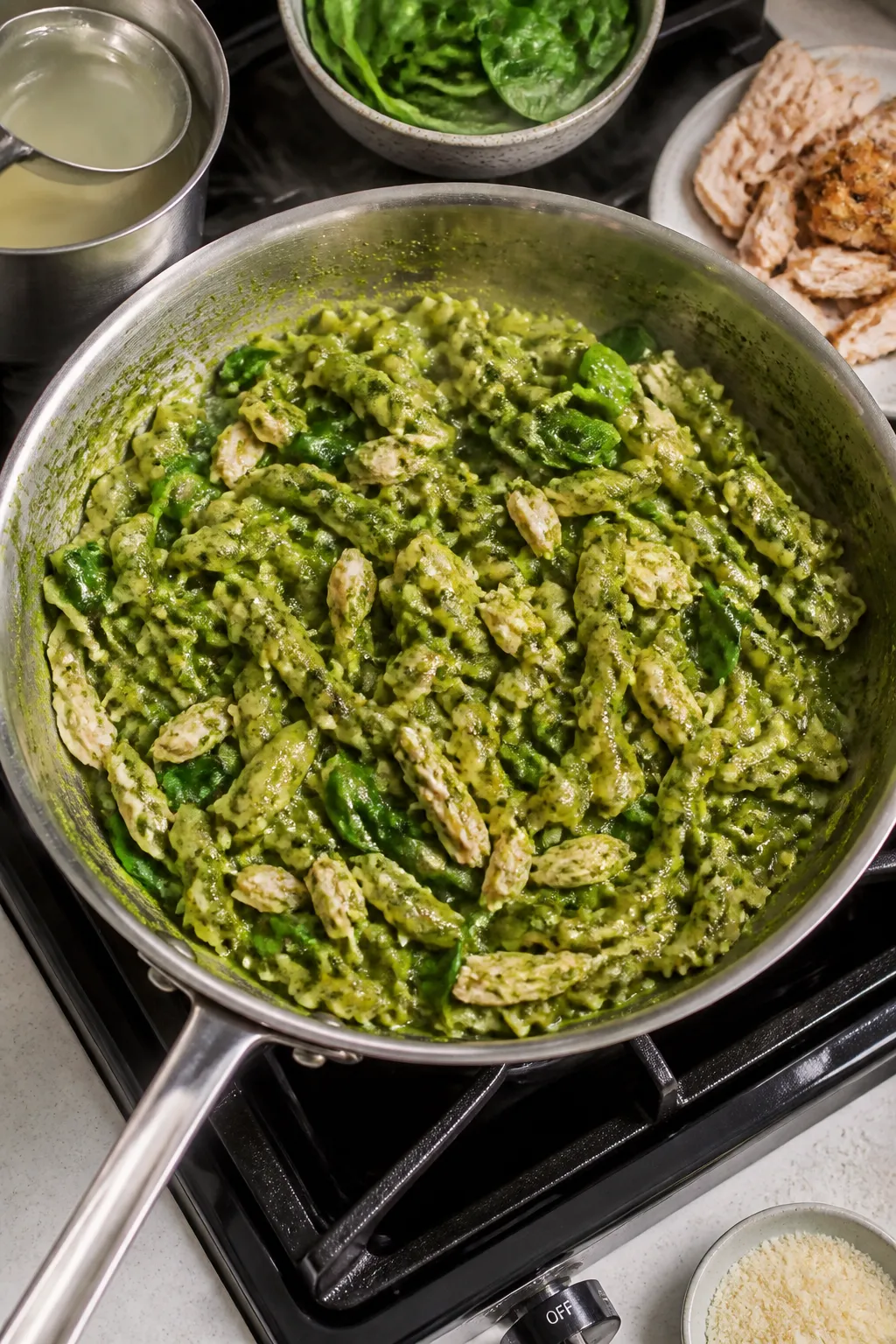 Cooking process: Rotisserie chicken pesto pasta being tossed in a wide stainless skillet over low he