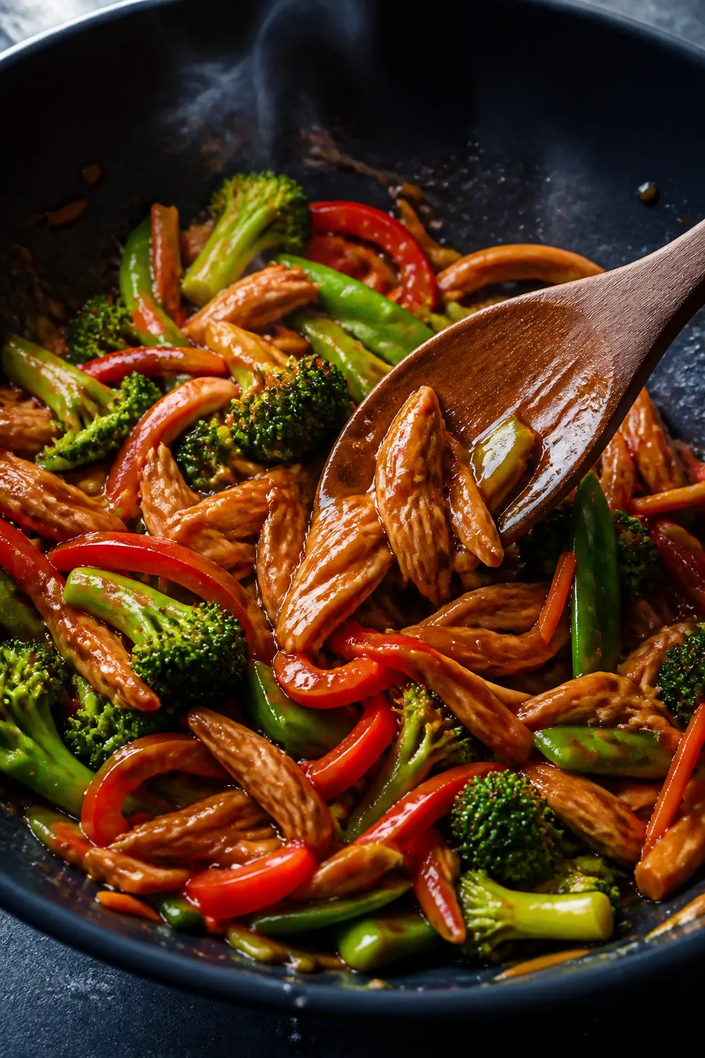 Cooking process — Rotisserie chicken teriyaki coming together in a wok: sautéed broccoli florets,