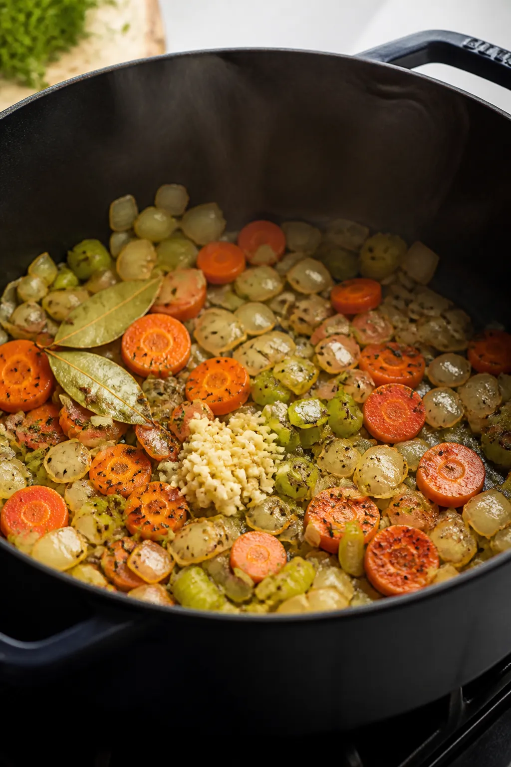 Cooking process — Sautéed aromatics base: Close-up of diced onion, sliced carrots, and celery gli