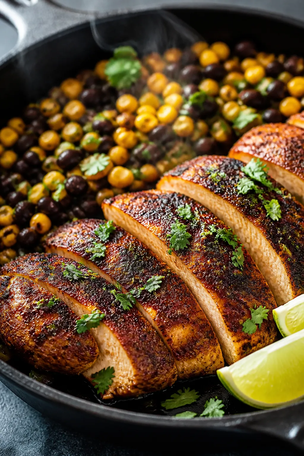 Cooking process — Sautéed/grilled chicken: Close-up of sliced, just-rested Southwest-spiced chick