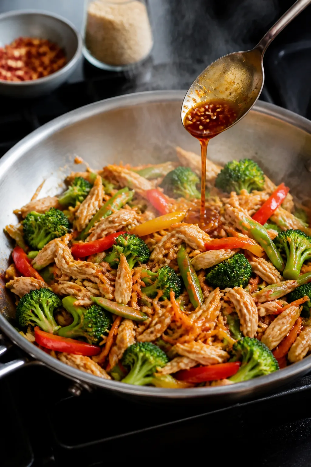 Cooking process â sautĂŠed veggies and chicken: Rotisserie chicken shreds and mixed vegetables (br