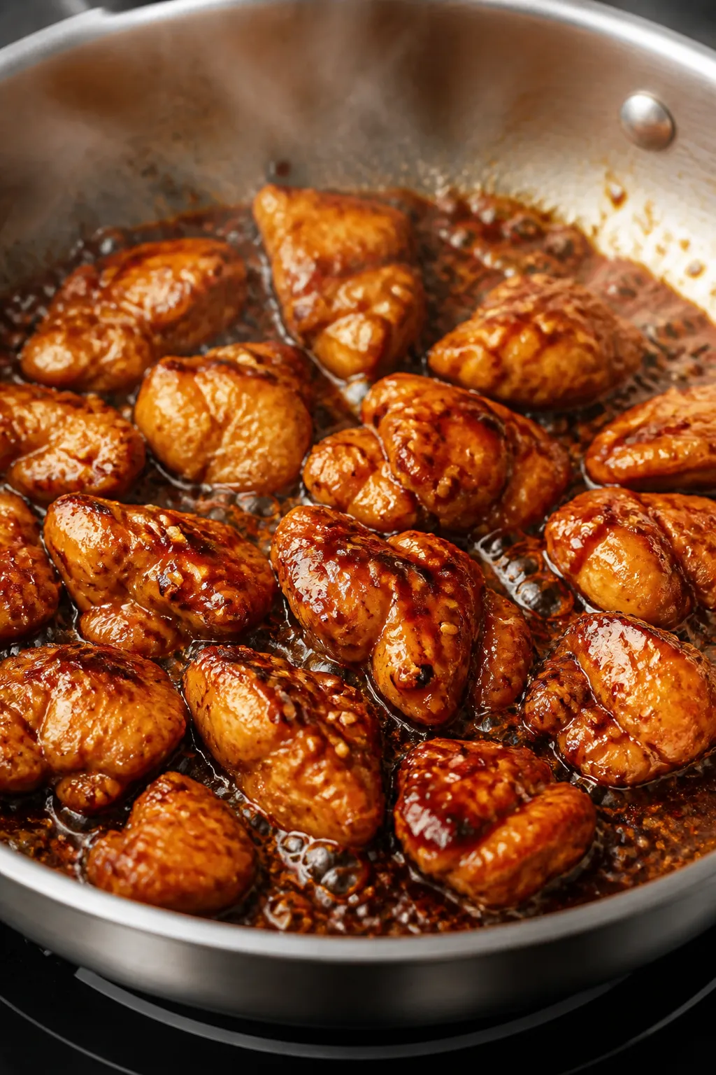 Cooking process — Searing and glazing: Close-up of bite-size chicken pieces in a wide stainless sk