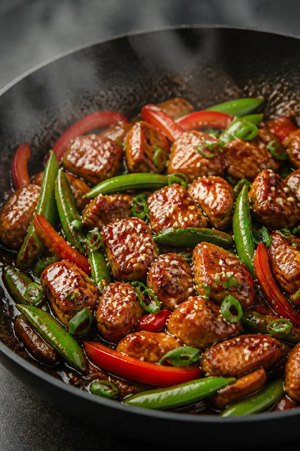 Cooking process â Searing and glazing: Honey garlic chicken bites sizzling in a large skillet, mid
