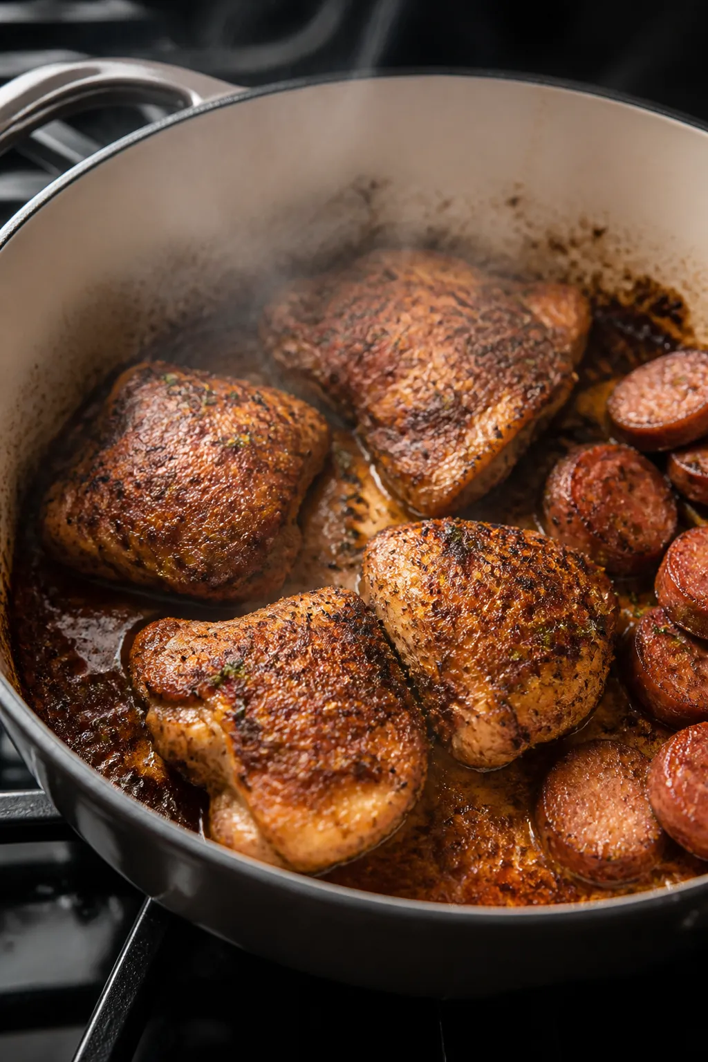 Cooking process: Searing Cajun-seasoned chicken thigh pieces in a wide, enamel Dutch oven; golden-br