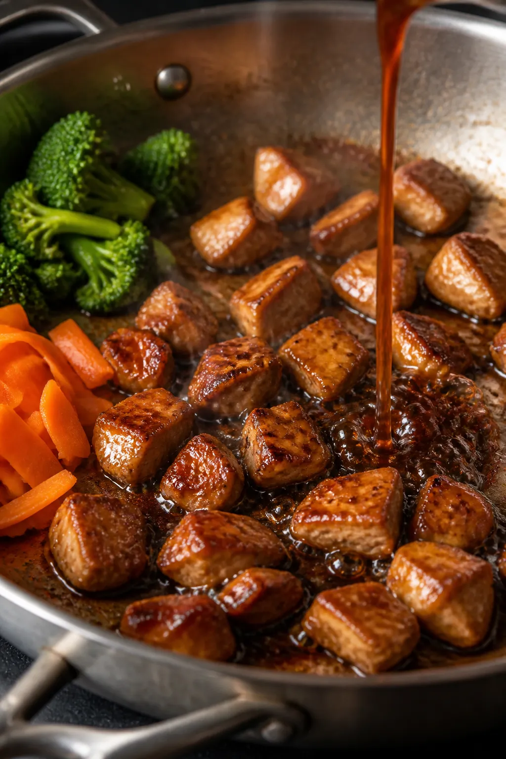 Cooking process — Searing chicken: Close-up of bite-sized teriyaki chicken thighs sizzling in a la