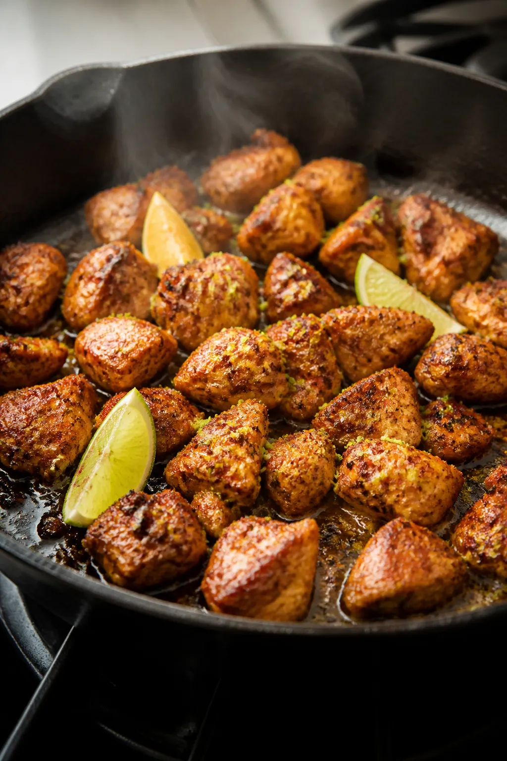 Cooking process — Searing chicken: Close-up of bite-size chicken pieces sizzling in a cast-iron sk