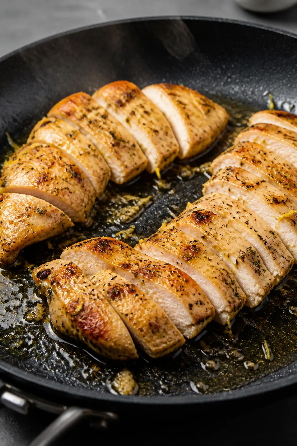 Cooking process â Searing lemon-herb chicken: Close-up of thinly sliced chicken breasts sizzling i