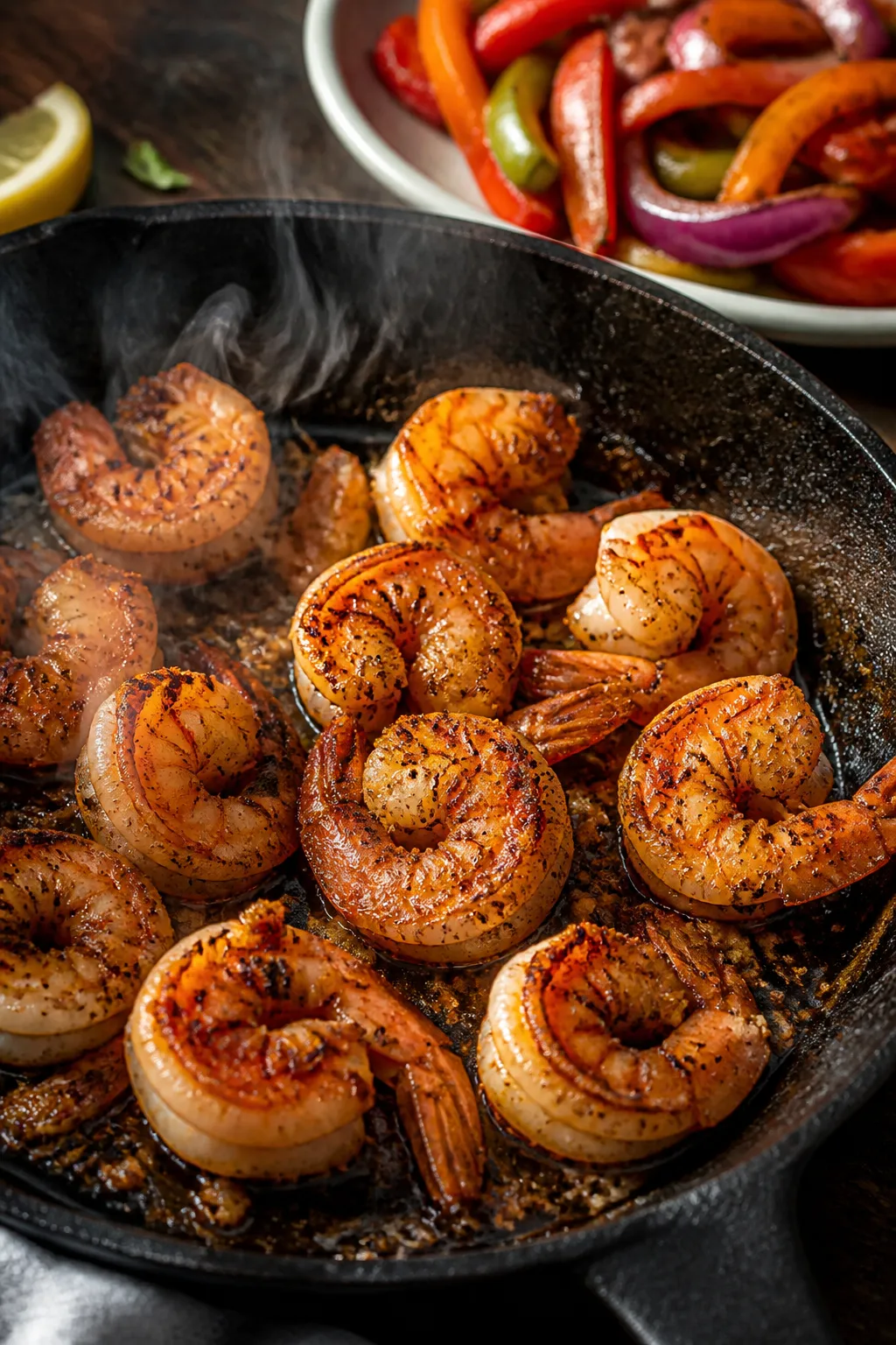 Cooking process shot: Cajun-seasoned shrimp sizzling in a cast-iron skillet, lightly charred edges a