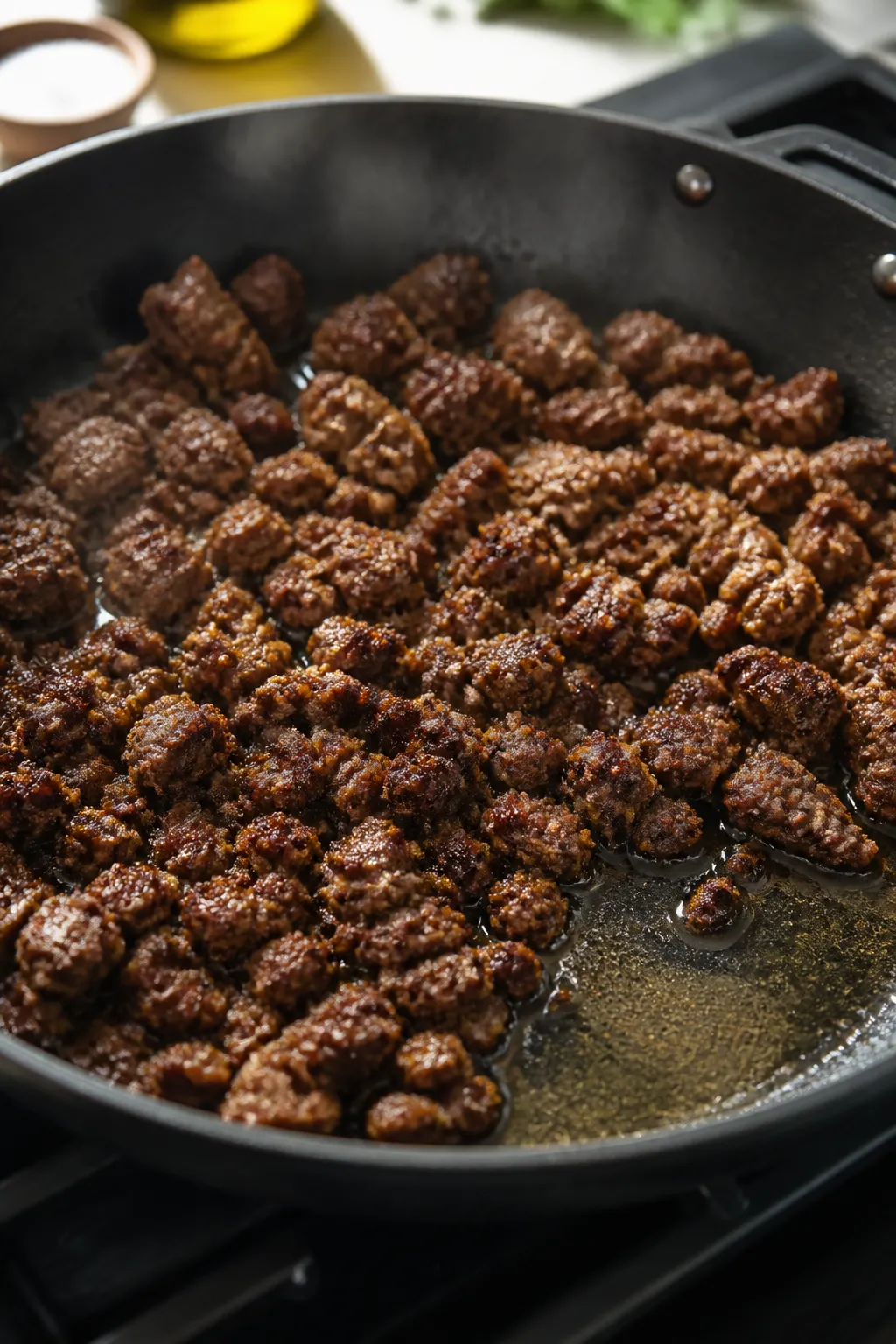 Cooking process shot: Crumbled seasoned ground beef sizzling in a wide black skillet over medium-hig