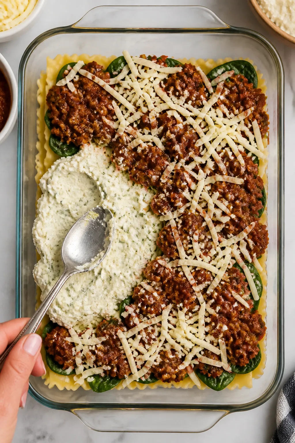 Cooking process shot: layered assembly in progress inside the baking dishâfirst layer of noodles d
