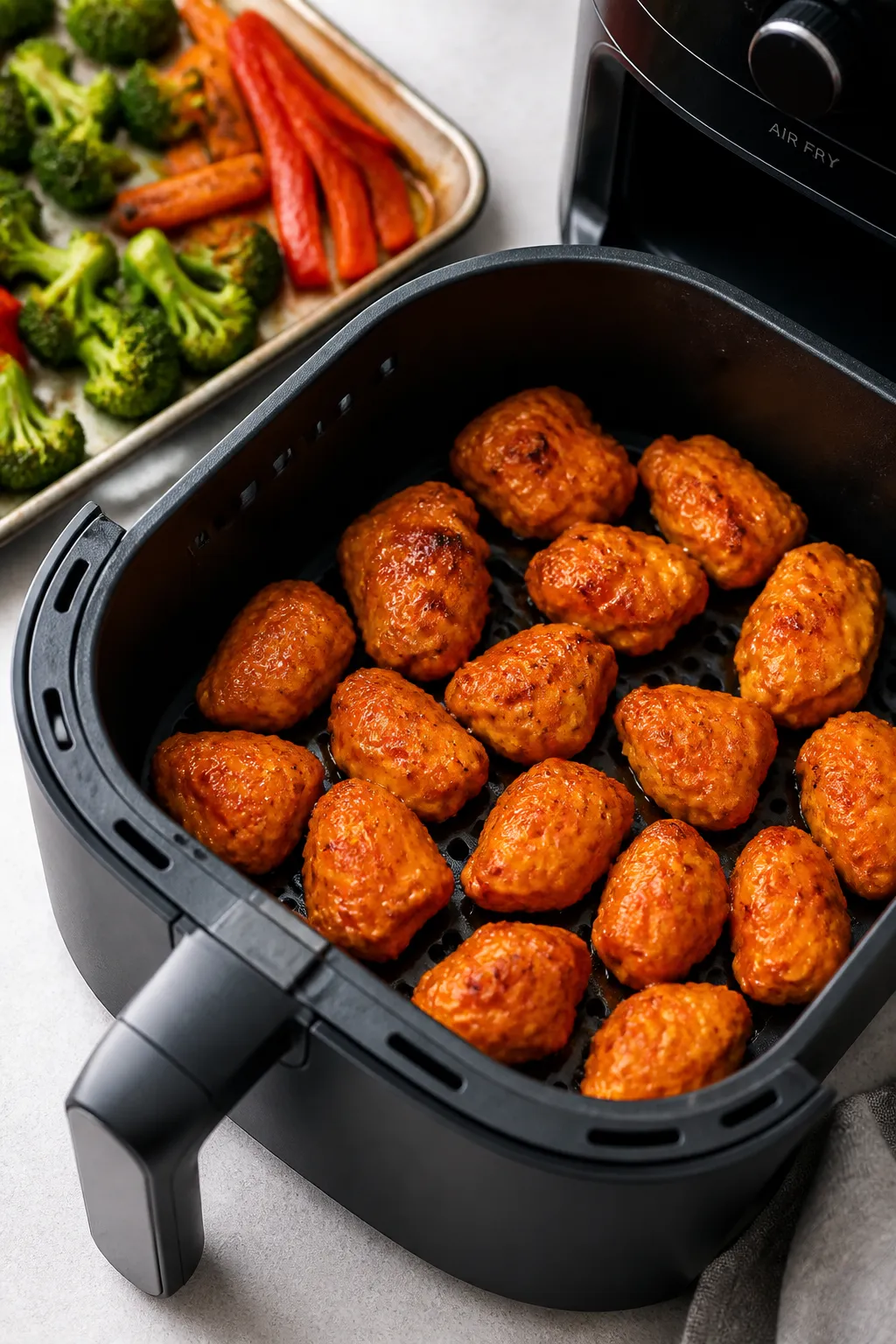 Cooking process shot: sauced Buffalo chicken pieces returning to the air fryer basket for a 1–2 mi