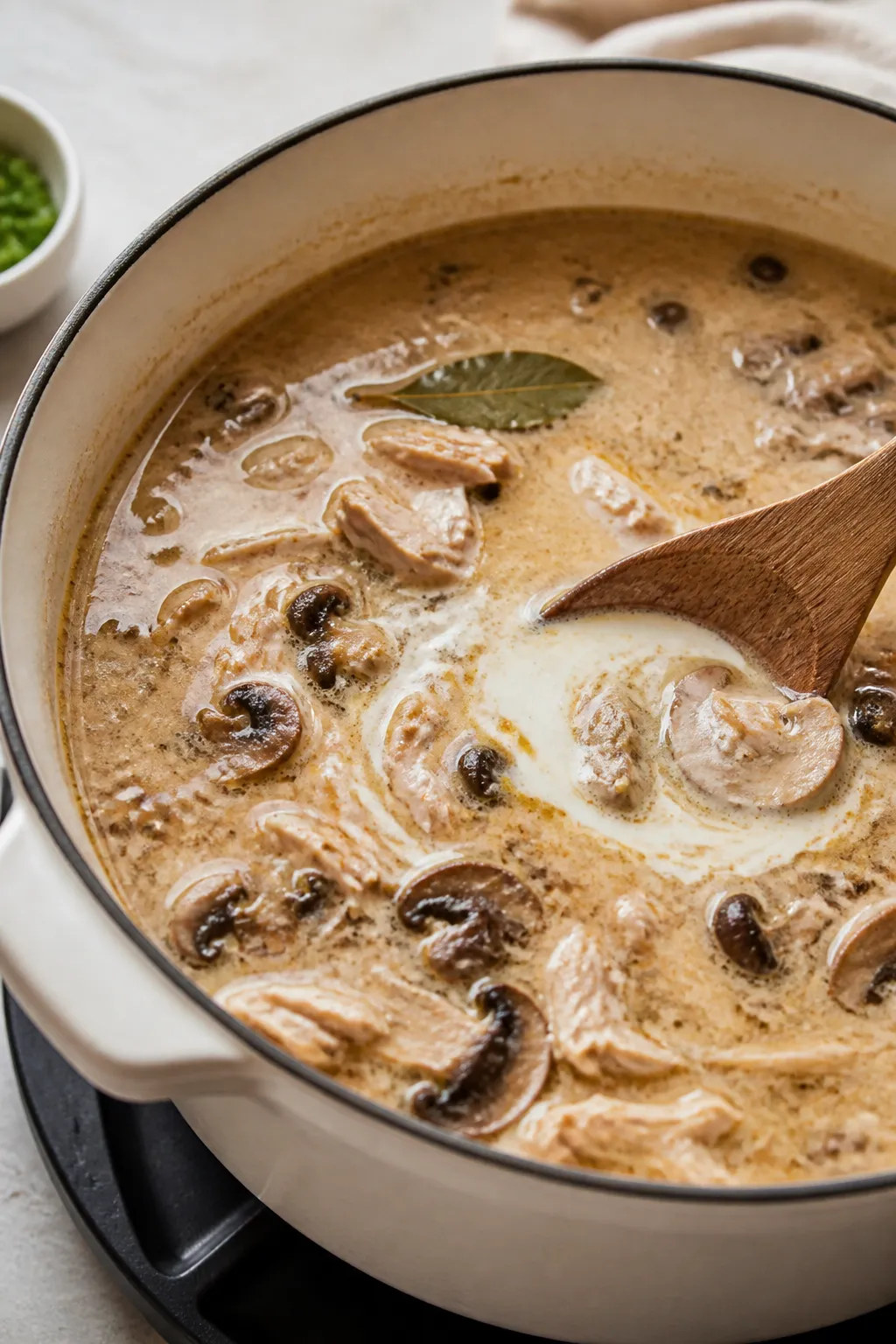 Cooking process: Silky low-carb mushroom chicken soup mid-simmer after broth is added—returning br