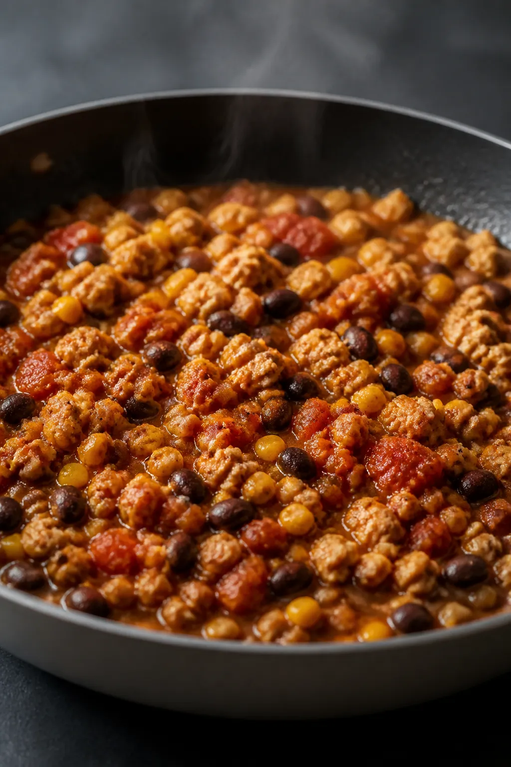 Cooking process, skillet close-up: A shallow-depth-of-field close-up of the saucy ground chicken mix