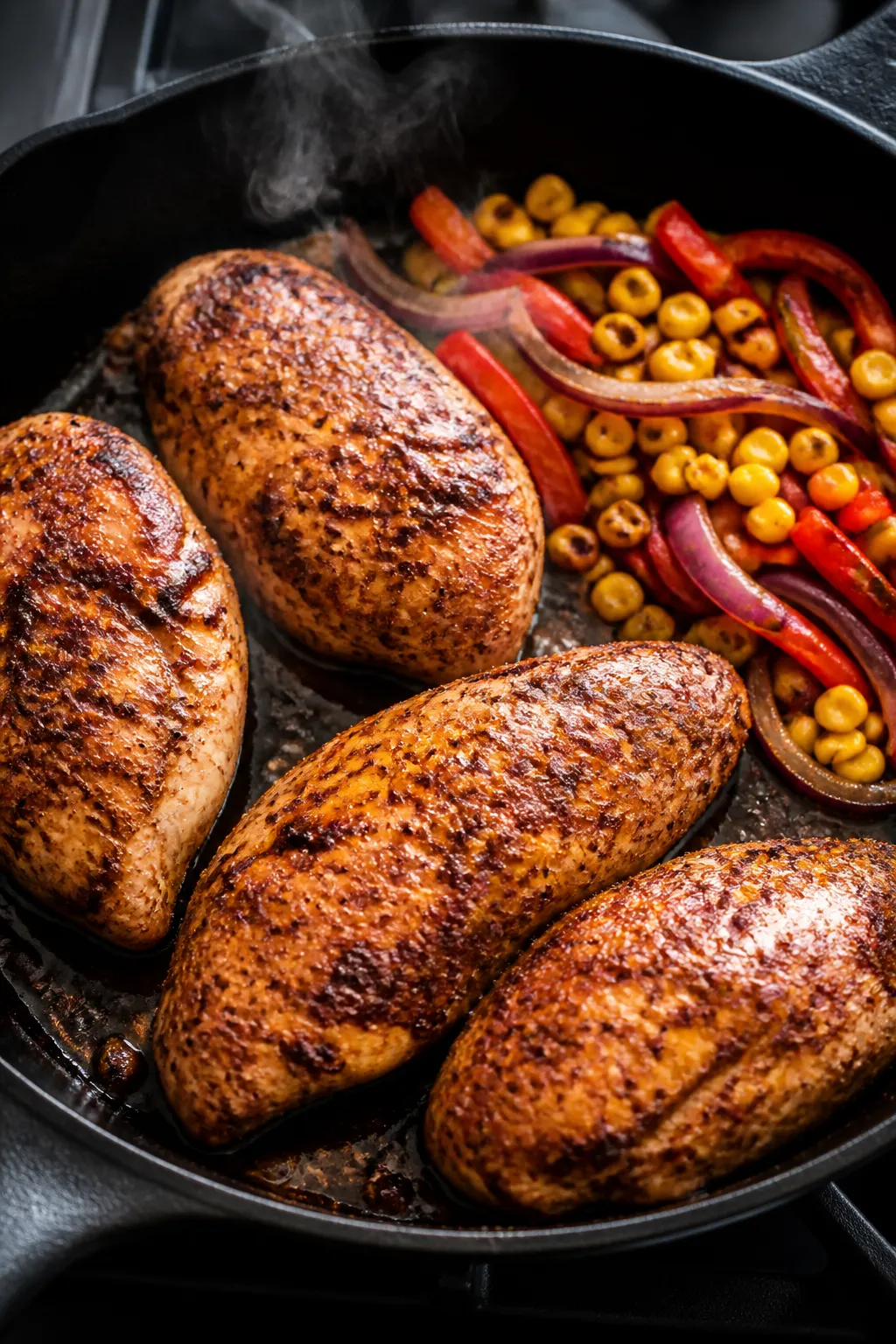 Cooking process — Skillet-seared chicken for burrito bowls: Close-up of spice-rubbed chicken breas