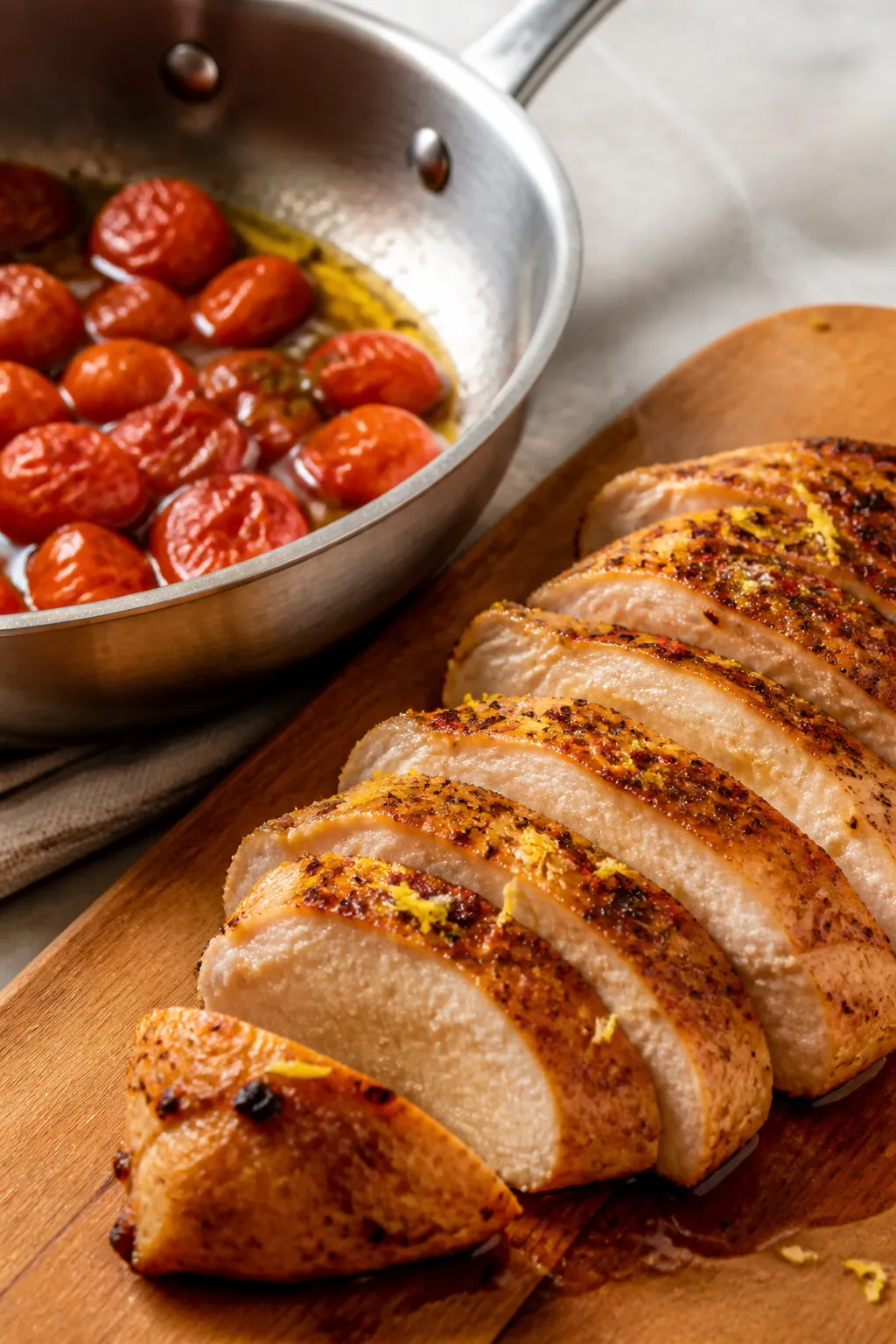 Cooking process: Sliced, golden-seared chicken breast resting on a cutting board beside a stainless