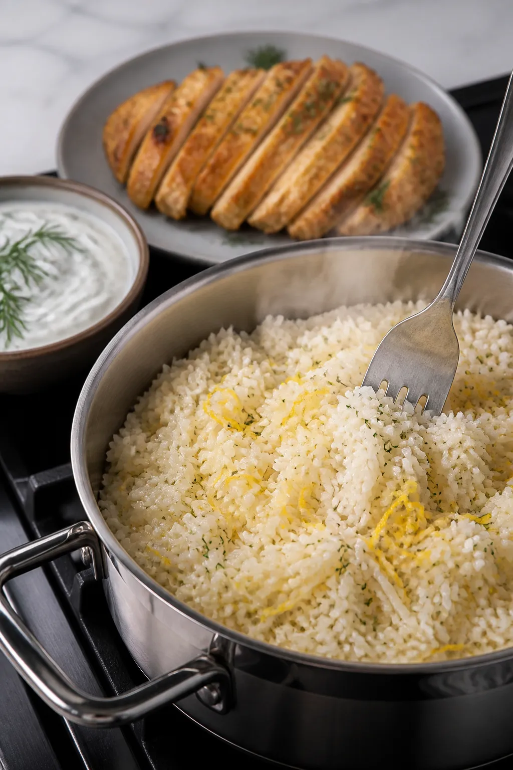 Cooking process: Steaming pot of lemon rice being fluffed with a fork (no hands visible), separate g