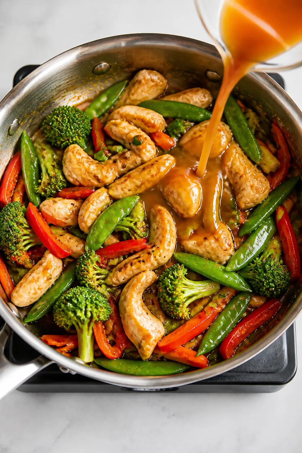 Cooking process: Stir-fry coming together in a wide stainless skillet—cooked chicken pieces just r