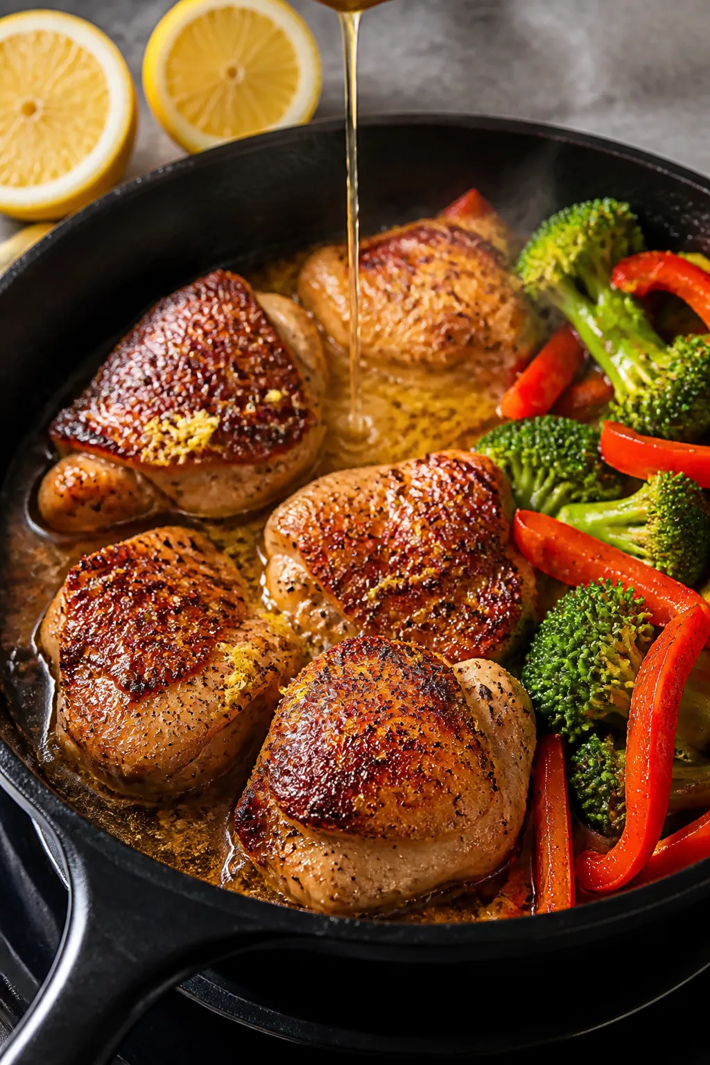 Cooking process, stovetop sear: Juicy lemon-pepper chicken thigh pieces sizzling in a large skillet,