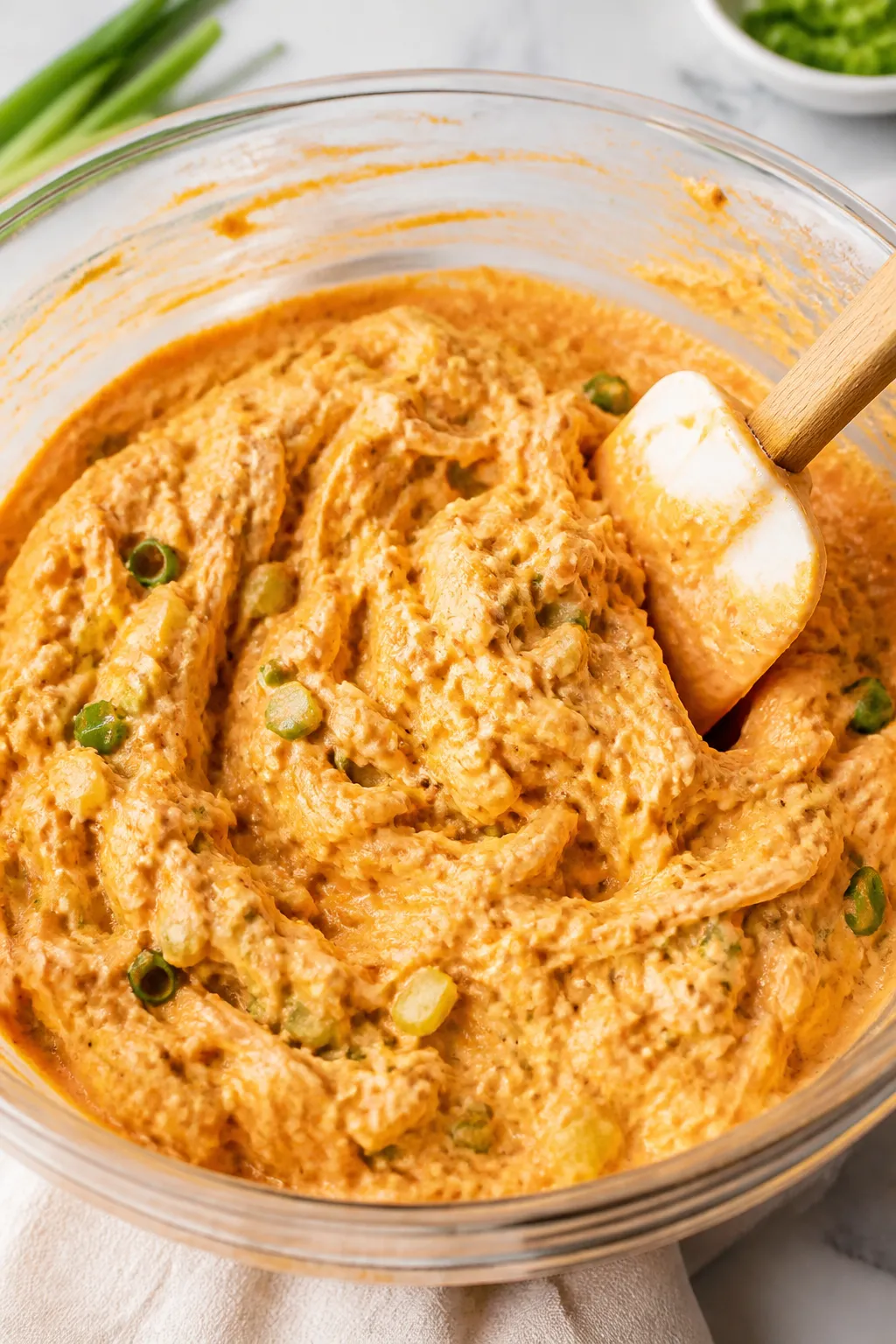 Cooking process: The creamy buffalo base being folded together in a large bowl—shredded rotisserie