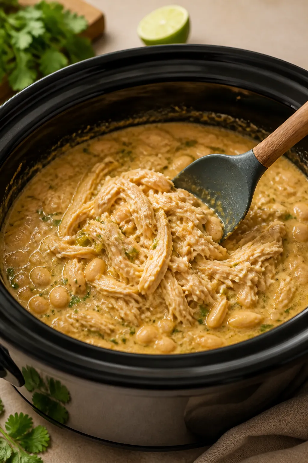 Cooking process: The just-shredded chicken being folded back into the slow cooker with a silicone sp