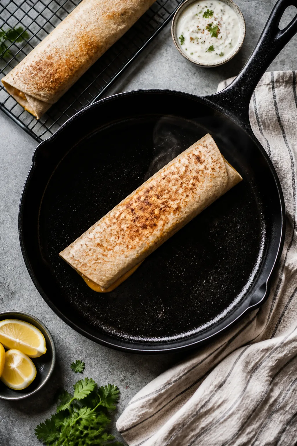 Cooking process: Warm whole-wheat tortilla on a dry skillet, seam-side down, developing a light gold