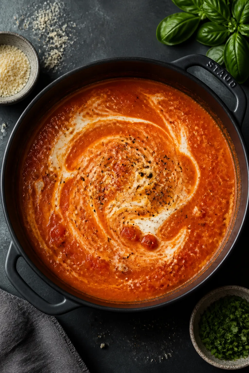 Creamy finish detail: Overhead shot of the soup off-heat as the blended cottage cheeseāricotta mix