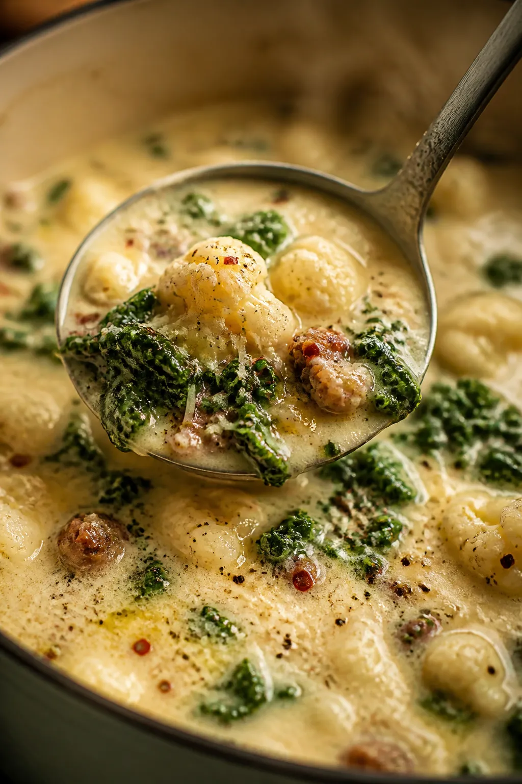 Creamy stage detail: Ladle lifting rich, velvety keto Zuppa Toscana from the pot, showing tender cau