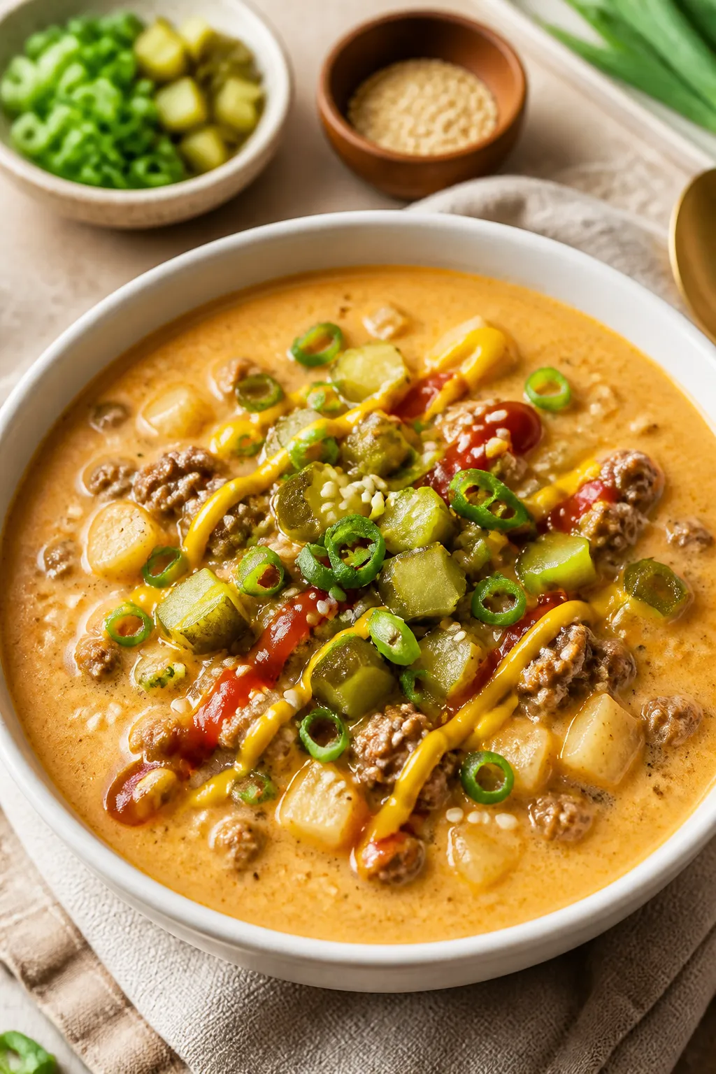 Final bowl beauty shot: High Protein Cheeseburger Soup ladled into a matte white bowl, ultra-creamy 