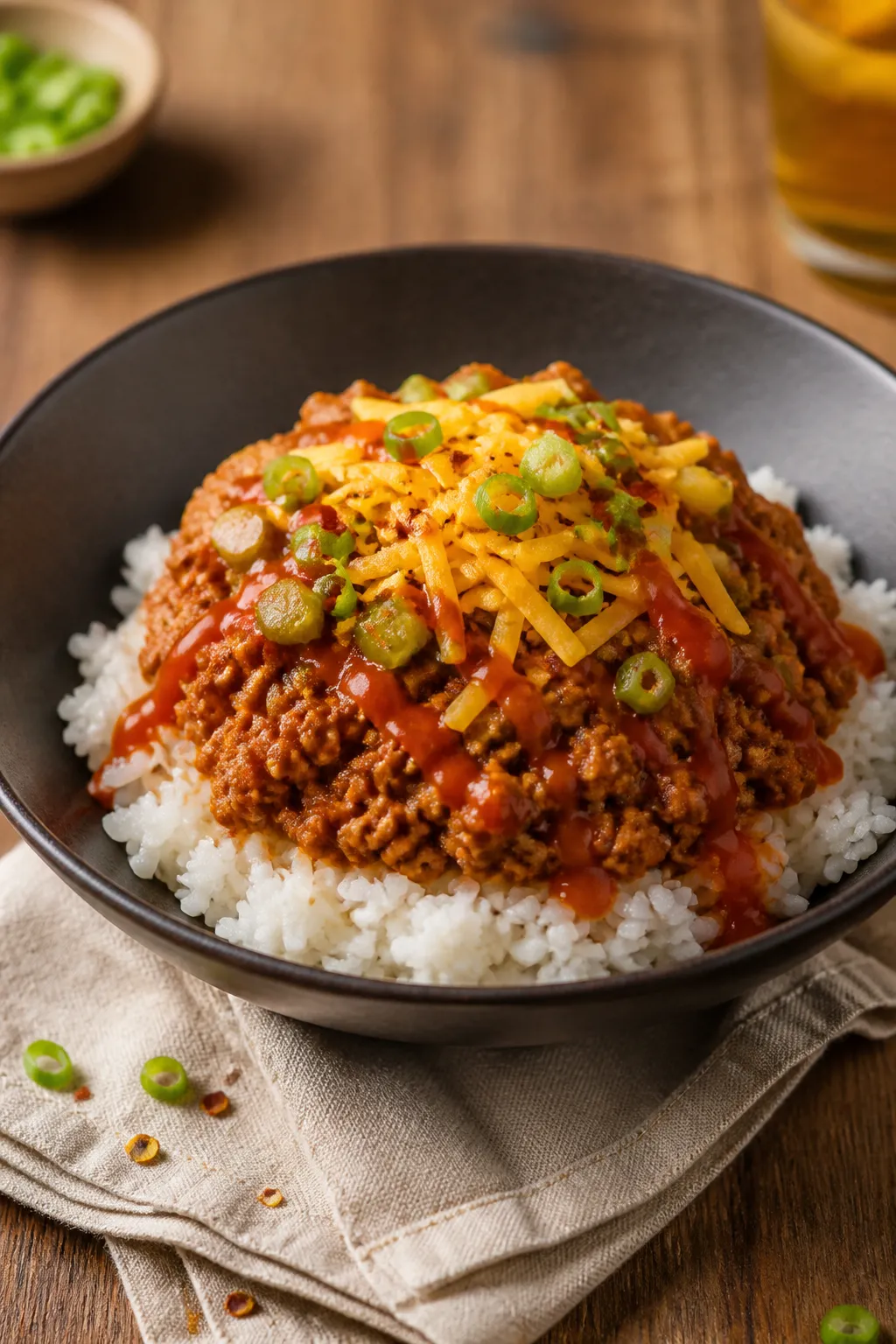 Final bowl presentation: Beautifully plated Ground Chicken Sloppy Joe Bowl over fluffy white rice in