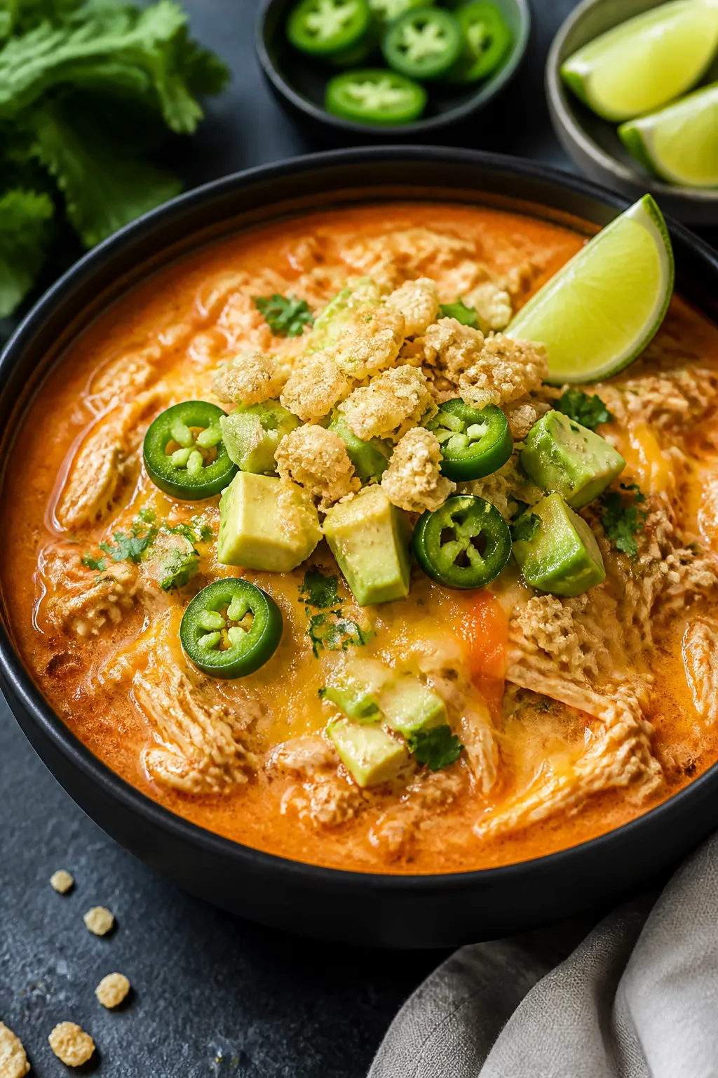 Final bowl — Restaurant-quality plated Low Carb Chicken Enchilada Soup: creamy, velvety red-orange