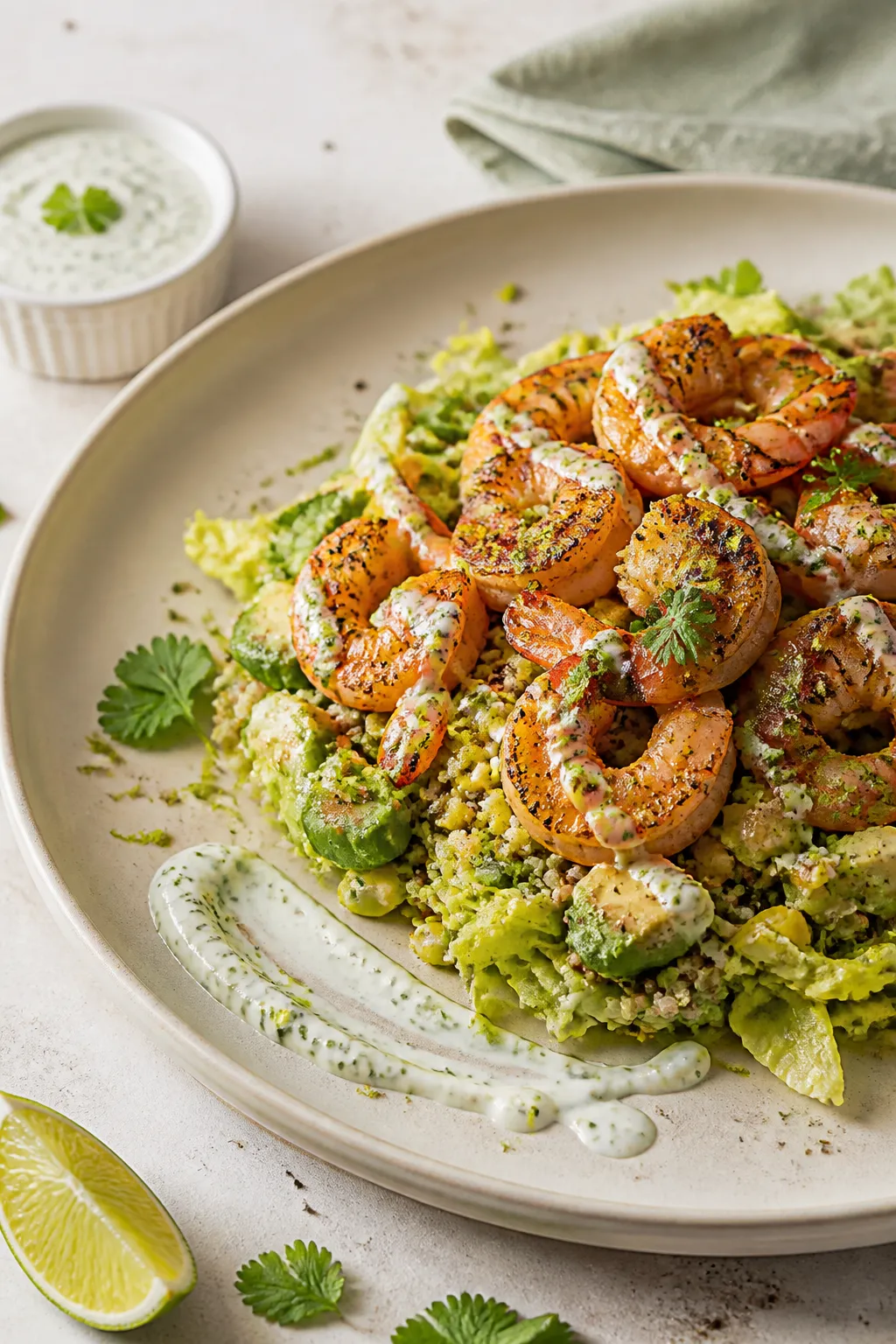 Final dish beauty: Restaurant-quality plated shrimp taco bowl on a matte stoneware plate with a bed 