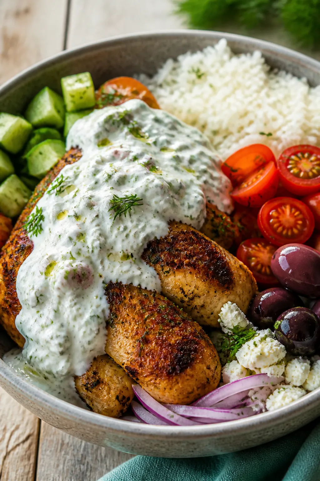 Final dish beauty â tzatziki-forward plating: Three-quarter angle hero shot of the finished bowl s