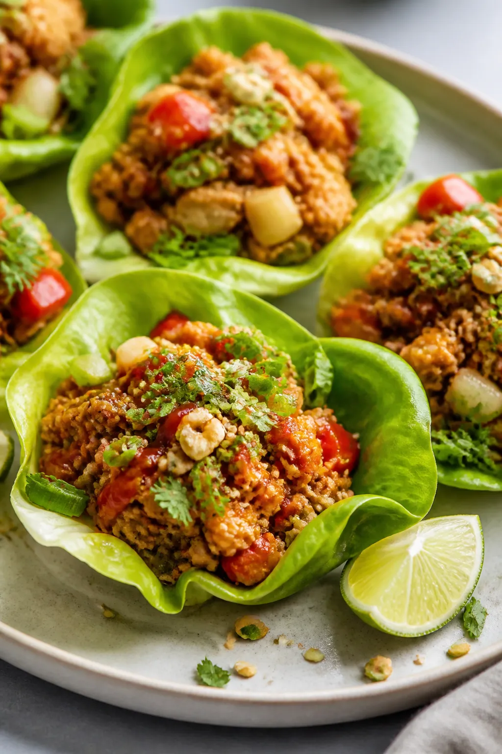Final dish close-up — lettuce wraps assembled: butter lettuce cups piled with saucy ground chicken