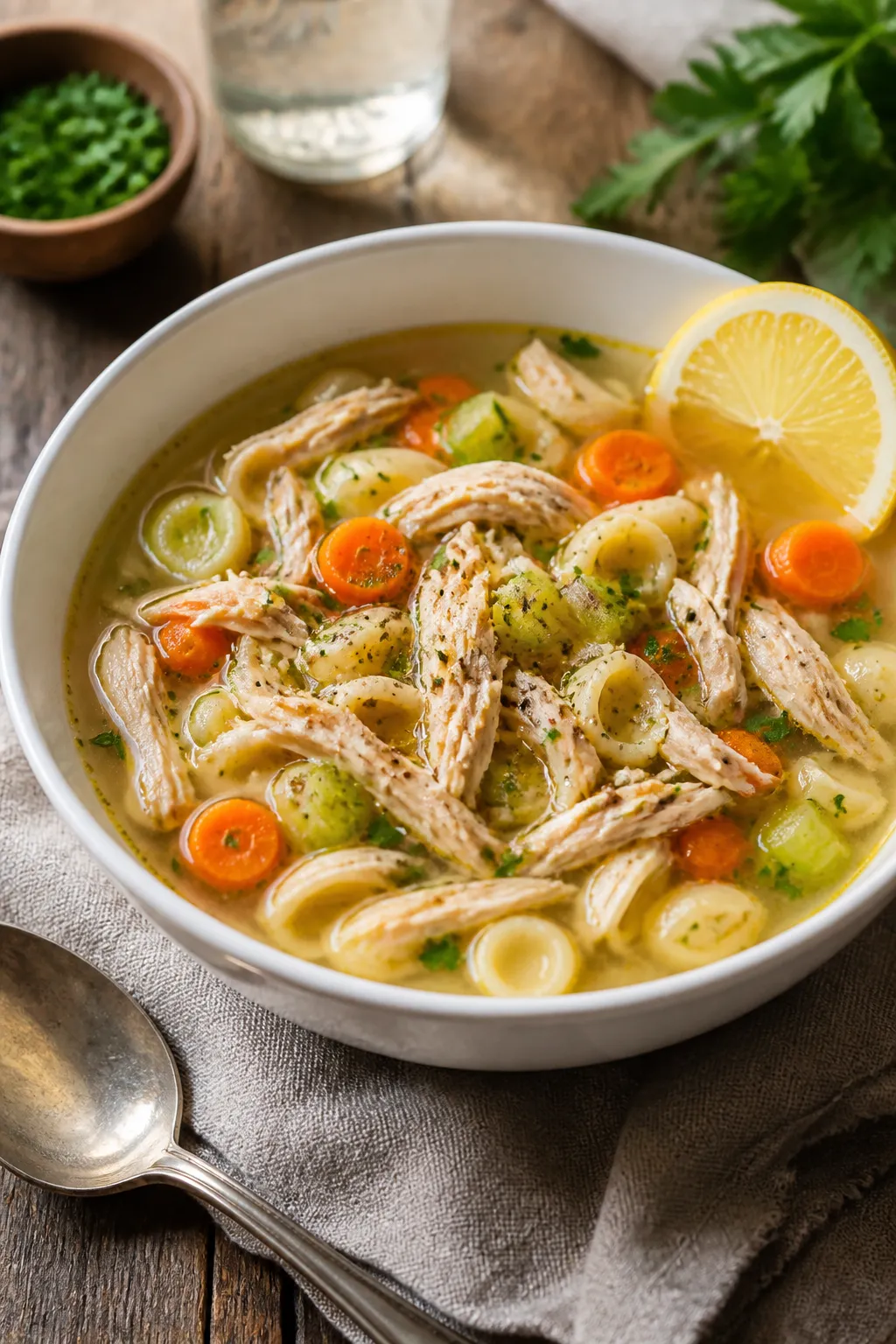 Final dish — Cozy bowl with bright finish: Beautifully plated rotisserie chicken soup in a wide, w