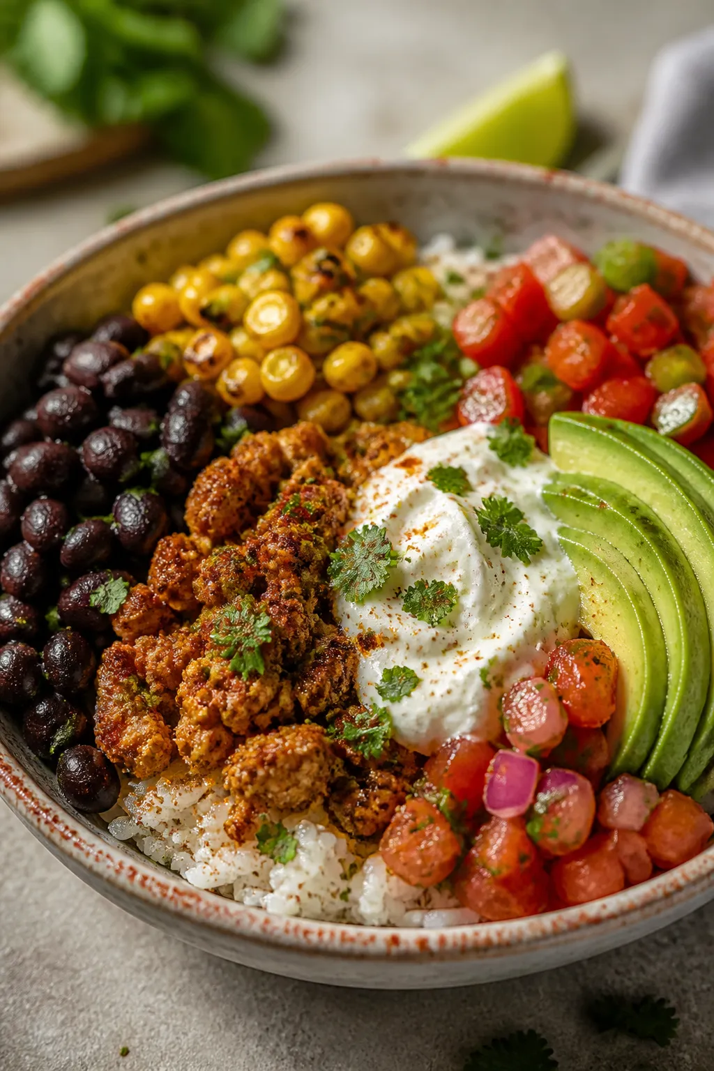 Final dish hero: Beautifully plated burrito bowl close-up at a 45-degree angle highlighting textures