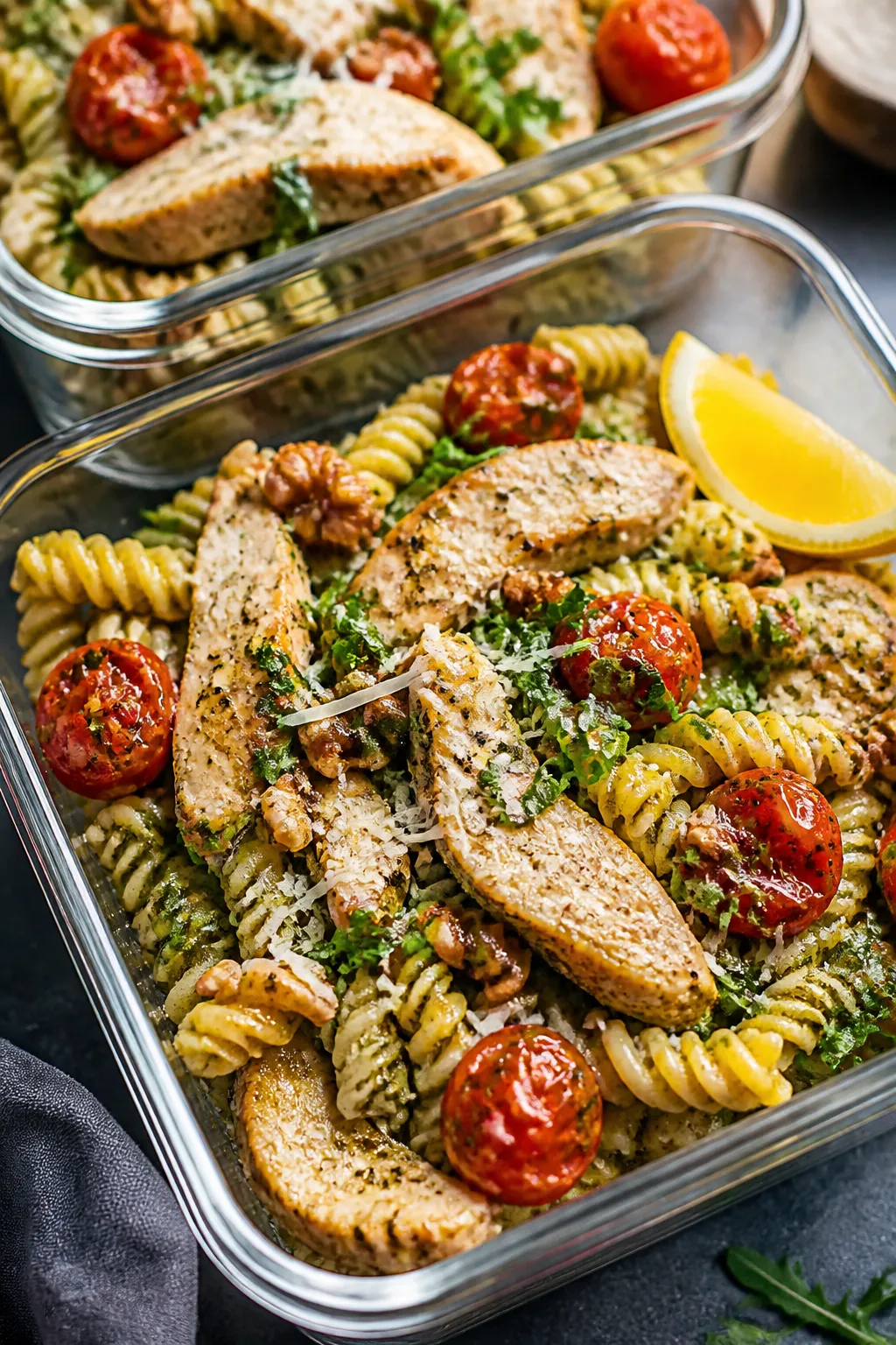 Final dish/meal prep: Close-up of neatly portioned chicken pesto pasta in meal prep containers—fus