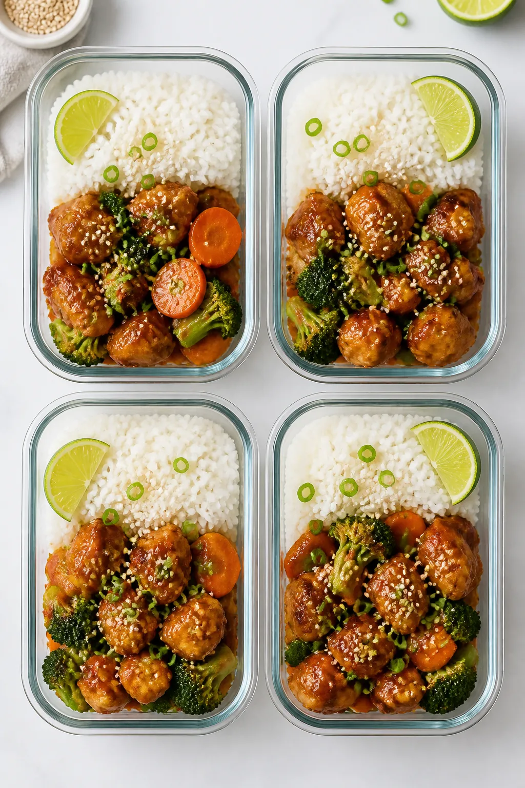 Final dish â Meal prep containers: Four glass meal prep bowls arranged in a neat grid, each with a
